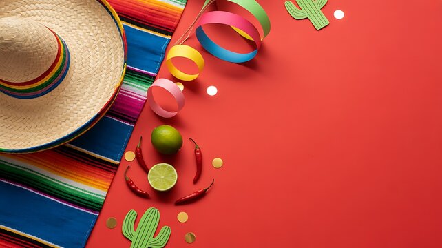 Colorful mexican travel flat lay with sombrero, striped textile, cactus decorations, coins and festive ribbons on red background