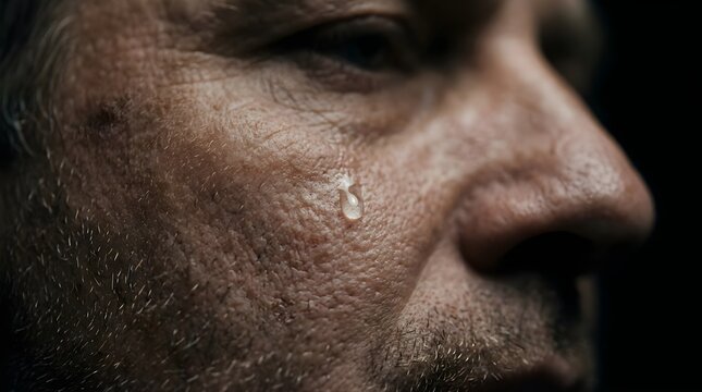 Close-up portrait of a sad man crying with a single tear on his cheek