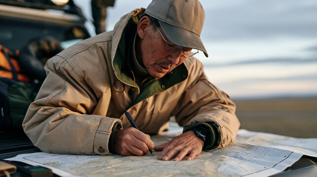 Elderly Mongolian cartographer tracing topographic contour lines on a large paper map spread across the hood of a vehicle in an empty desolate highland steppe, the vast treeless landscape rolling to