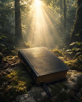 Holy Bible resting on a mossy rock in a forest with sunlight streaming through trees