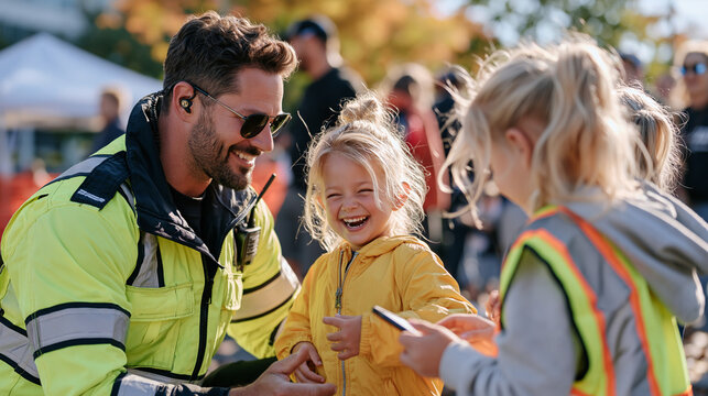 Event security officer in a crowded autumn street festival catches a candid moment of laughter with a family after directing them to a lost child station, the unposed scene showing human warmth bene