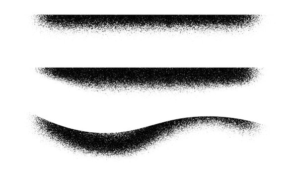 Set of three black spray paint texture elements with curved edges on white background