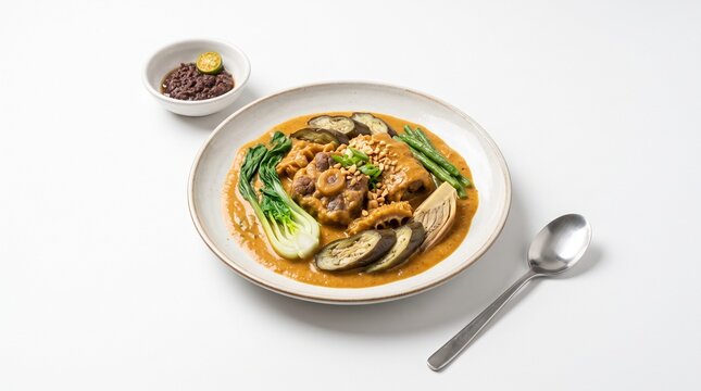 Filipino Kare Kare dish with oxtail and vegetables served with bagoong on white background