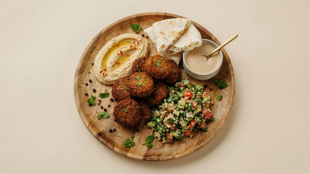 Delicious falafel plate with fresh hummus salad and pita bread served on a wooden platter