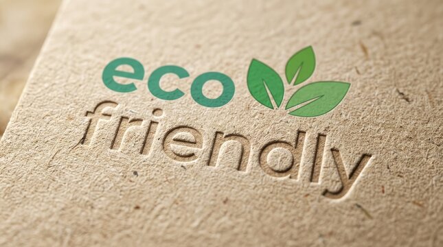 Eco friendly text and green leaf logo embossed on recycled brown paper for sustainable branding