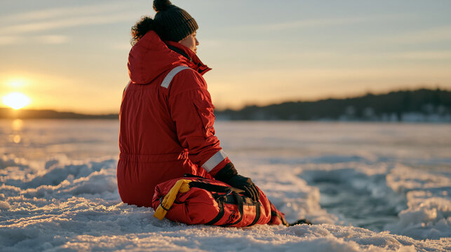 Lifeguard in rescue red standing beside a frozen lake at golden hour, an empty ice channel carved behind her showing where an ice swimmer completed a polar plunge, the before and after story told th