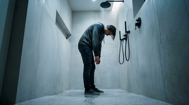 Depressed man standing fully clothed under a shower in a modern bathroom