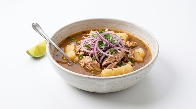 Hearty Peruvian Seco de Carne Stew with Yuca and Red Onion Garnish