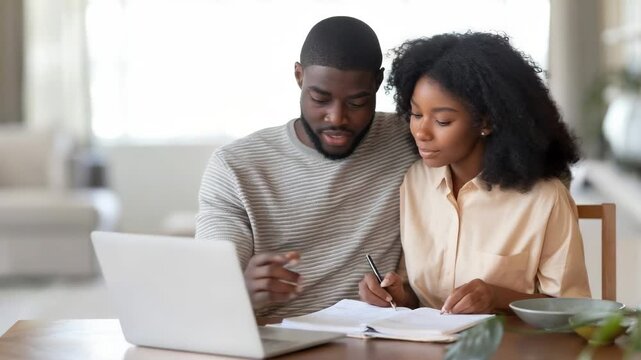 African American couple reviewing household finances together with laptop and paperwork, planning a budget and managing shared expenses at home