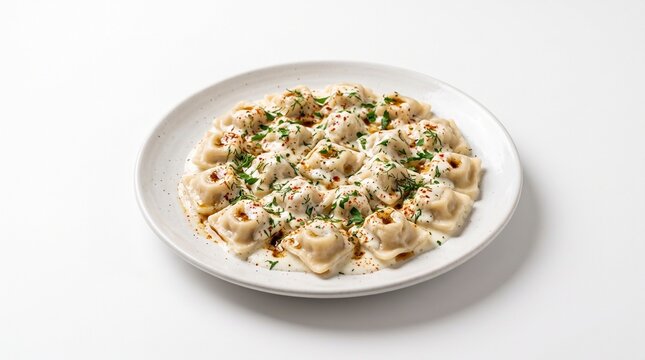 Delicious pelmeni dumplings served with creamy sauce and fresh dill on a white plate isolated on white background