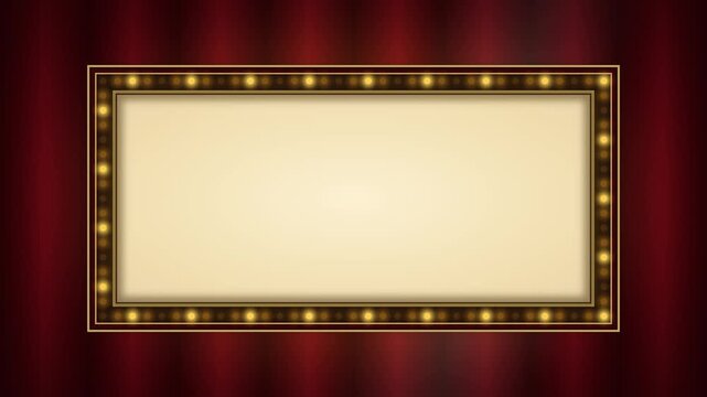Vintage theater marquee sign with glowing lights on red velvet curtain background