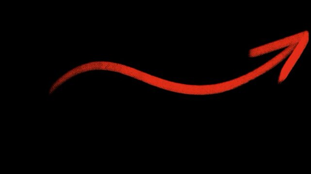 Red curved spray painted arrow pointing right isolated on transparent background chalk brush stroke growth icon motion design element vector illustration