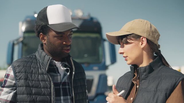 Man in plaid shirt talking to woman in vest while standing in front of parked truck. Woman holding pen responding with hand gesture. Exchanging thoughts or resolving logistics concern during shift.