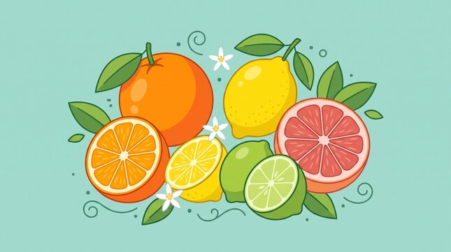 Vibrant Citrus Fruits Orange Lemon Lime Grapefruit Illustration