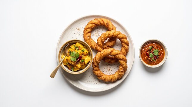 Traditional Indian Chakri snack served with potato sabzi and spicy chutney on a white background
