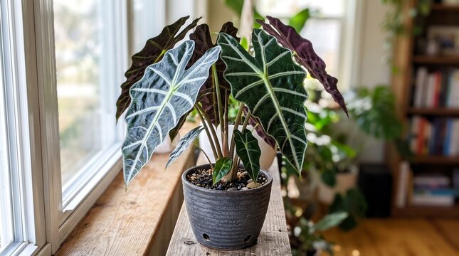 Alocasia Polly plant in a pot on a windowsill