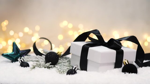 A chic white gift box tied with a black satin ribbon rests on soft snow beside frosted pine, as warm fairy lights twinkle behind, evoking modern luxury and festive gift-giving elegance.