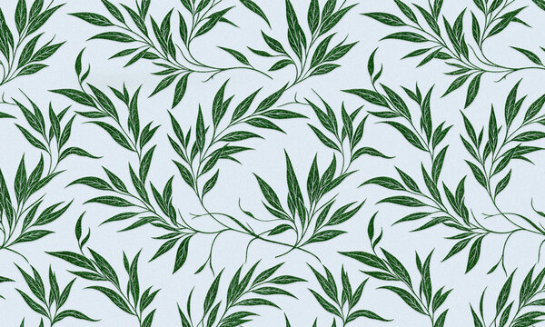 Botanical seamless pattern featuring green willow leaf branches and foliage on light blue background vector illustration