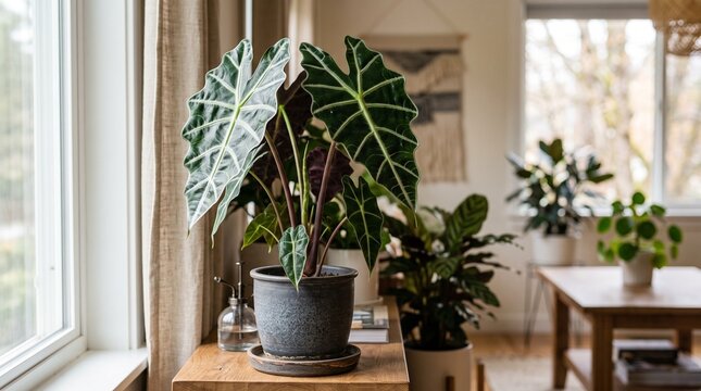 Alocasia Polly plant in a ceramic pot on a wooden table