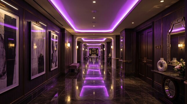 Luxury hotel corridor with purple lighting and marble floor