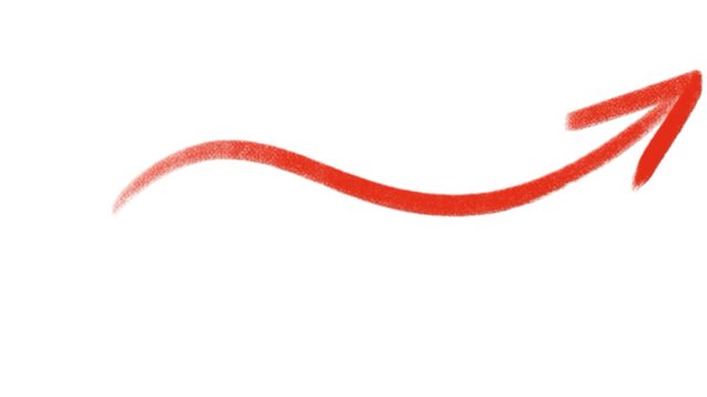 Red curved spray painted arrow pointing right isolated on transparent background chalk brush stroke growth icon motion design element vector illustration