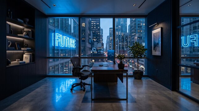 Modern executive office with neon future sign at night