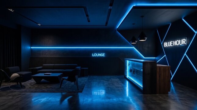 Sleek Modern Lounge Interior with Blue Neon Lighting