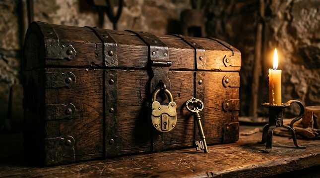 Antique wooden treasure chest with a brass padlock and key by candlelight