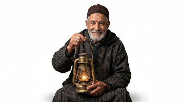Smiling elderly man with beard wearing traditional clothing and holding an old oil lantern isolated on white background