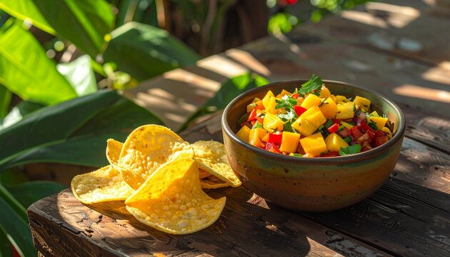 Fresh mango salsa with tortilla chips on wooden table.