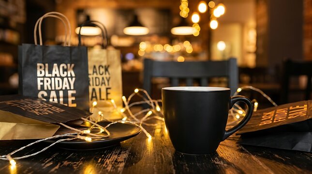 Black friday shopping bags and coffee cup on a wooden table with lights
