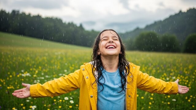 A cheerful young girl wearing a yellow raincoat stands in a wildflower meadow with arms outstretched, laughing and enjoying falling rain.