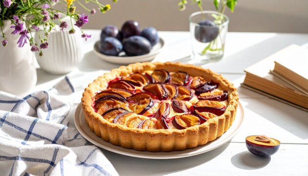 Freshly Baked Plum Tart on Rustic Table Setting.