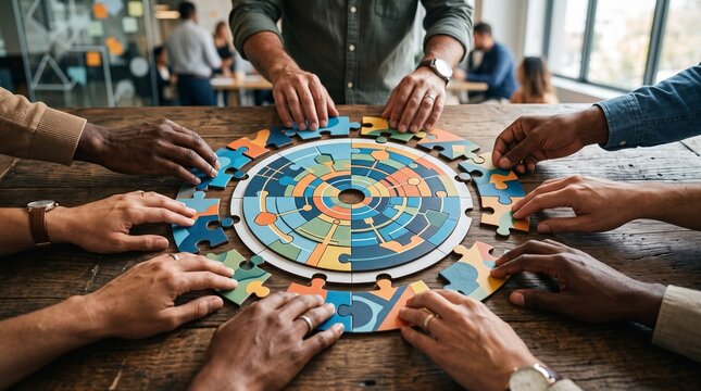 Diverse team collaborating to solve a complex puzzle symbolizing business strategy and teamwork