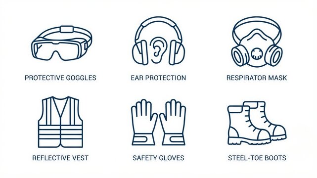 Occupational Workplace Safety Line Art Icon Set with Helmet Goggles Mask and Boots