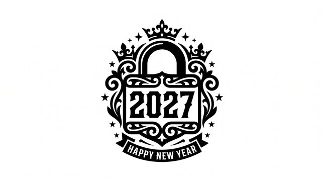 2027 happy new year emblem with vintage lock and crown design