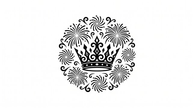 Royal crown icon surrounded by decorative fireworks isolated on white background