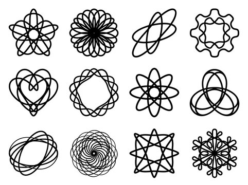 Collection of abstract black and white continuous line art geometric shapes and patterns