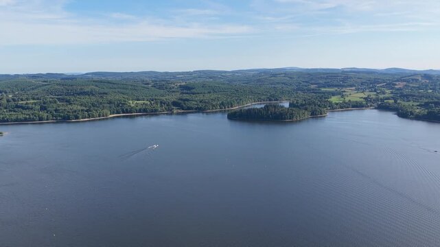 Lac des Settons, a large freshwater lake in the Morvan region of France, aerial view.