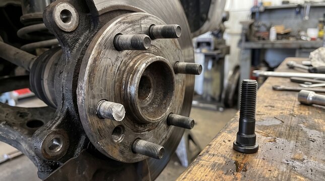 Broken wheel stud replacement process on a car brake rotor hub assembly inside a workshop. A new threaded bolt sits on a wooden workbench ready for mechanic installation and automotive