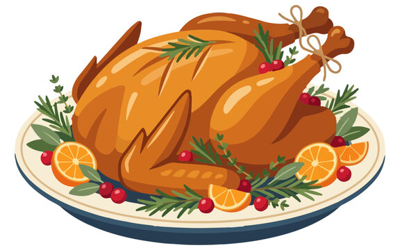 roasted whole chicken garnished with orange slices, cranberries and herbs on blue rimmed plate, festive holiday Thanksgiving dinner food vector illustration for menu and poster design isolated