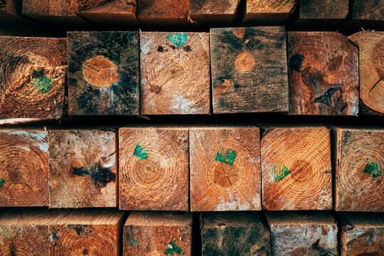 Rustic stack of solid wooden beams with visible tree rings, knots, cracks and varied grain patterns. Warm natural timber texture for construction and architectural backgrounds.