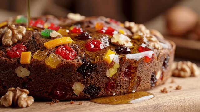 Golden Syrup Being Poured Over A Fruitcake With Walnuts And Candied Fruits