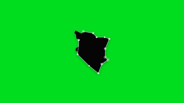 A black silhouette map of kenya outlined by white nodes on green background
