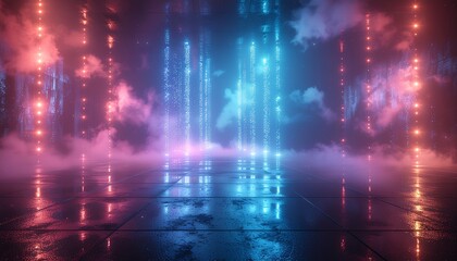 Fototapeta premium ピンクとブルーのネオン光とスモークが広がるライブステージの背景