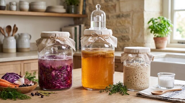 Fermentation process in kitchen with glass jars of kombucha, sauerkraut and sourdough starter