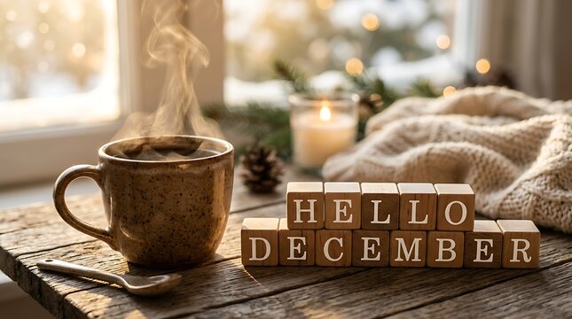 Cozy winter morning scene with a steaming cup of coffee and hello december wooden blocks, december