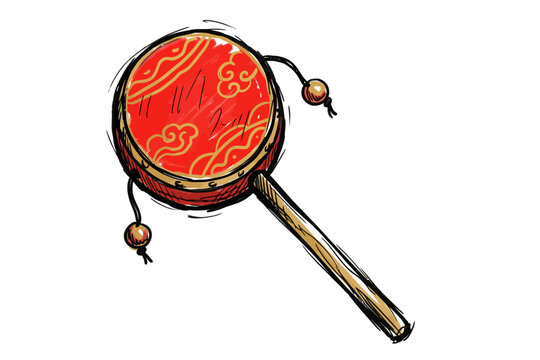 Doodle illustration of a traditional Chinese rattle drum toy with red patterned surface and wooden handle, representing childhood and culture.
