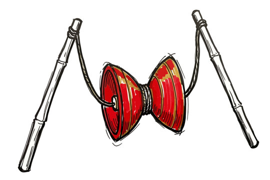 Traditional Chinese diabolo toy with bamboo sticks, doodle illustration, cultural performance equipment, festive celebration element, red and gold colors
