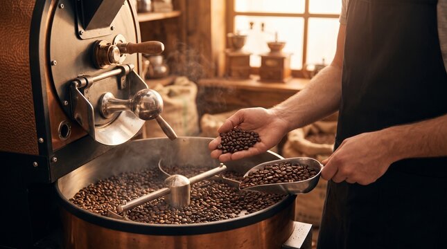 Artisan coffee roaster checking roasted coffee beans in a vintage professional roasting machine